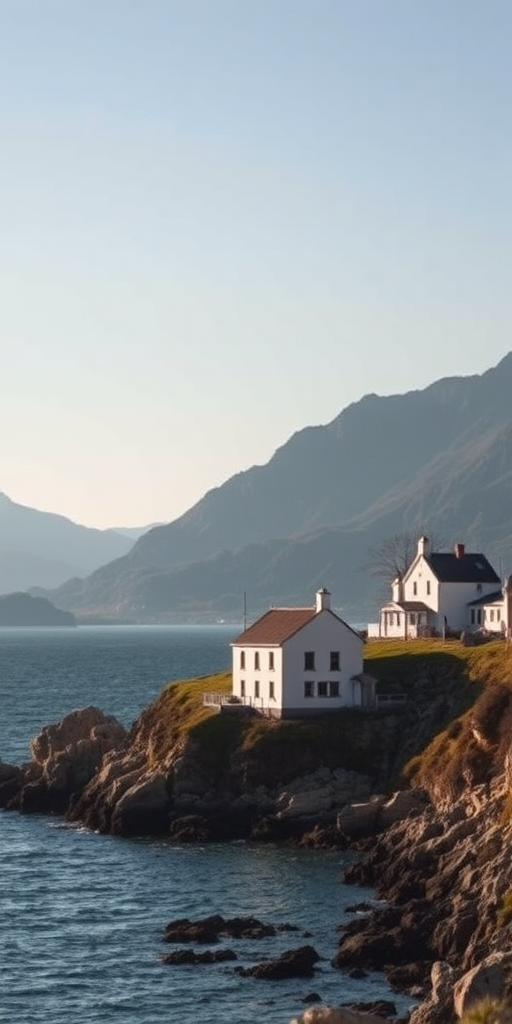 Regenerate the image of a coastal landscape featuring a white house near the water with mountains in the background, captured with a DSLR camera at f/8 aperture, ISO 100, 1/200 sec shutter speed, in landscape orientation, with natural lighting for enhanced image quality.