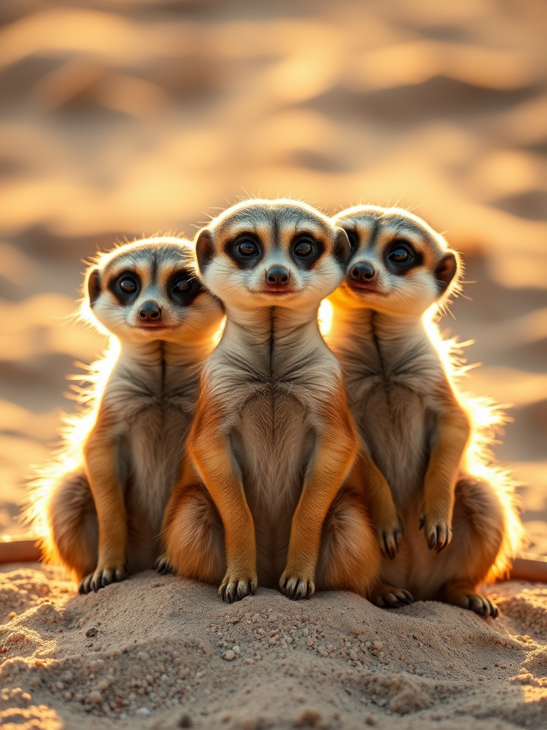 three adorable meerkats with large expressive eyes sitting close together on sandy ground, soft golden sunlight illuminating their fur, shallow depth of field to blur the background, shot with a Canon EOS R5 at 50mm f/1.4, ISO 100, 1/500s, utilizing natural light and a warm color palette
