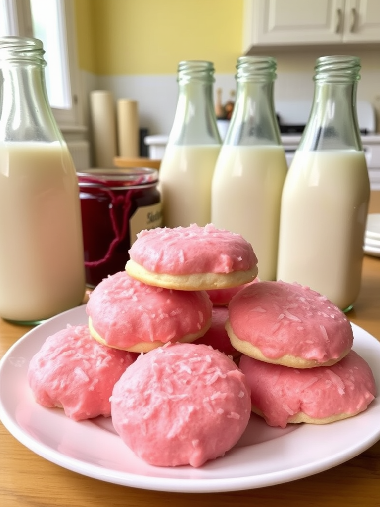 A plate of pink coconut cream-filled cookies surrounded by glass bottles of milk and a jar of jam in a bright kitchen setting.
