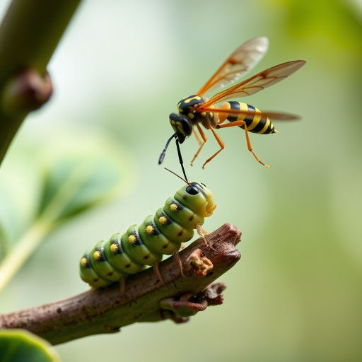 Spectacular photography, 300dpi, digital noise free, extremely clear, ultra-realistic, inside focus, best angle view, with intricate details of a small and tiny Cabbage Butterfly Caterpillar (Pieris Brassicae), standing on a branch of a tree, partially covered with green leaves. A large and majestic parasitic wasp (Torymus sinensis), flying over the caterpillar, right in front of the caterpillar with its body arched and the sting completely out of its abdomen pointing at the caterpillar's body and prepared in an attacking and aggressive position, stares at it and watches stealthily. Both within focus . Proportion of size. Light of day. National Geographic style