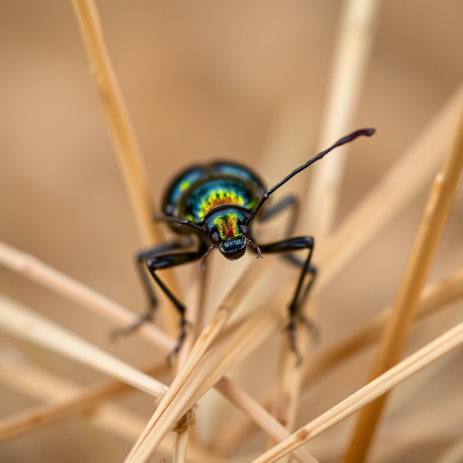 Close-up macro photograph of a shiny beetle perched on dried grass, captured with a Canon EOS 90D, 100mm f/2.8 Macro lens, f/5.6 aperture, 1/200s shutter speed, ISO 200, using natural light with a blurred background for depth of field.