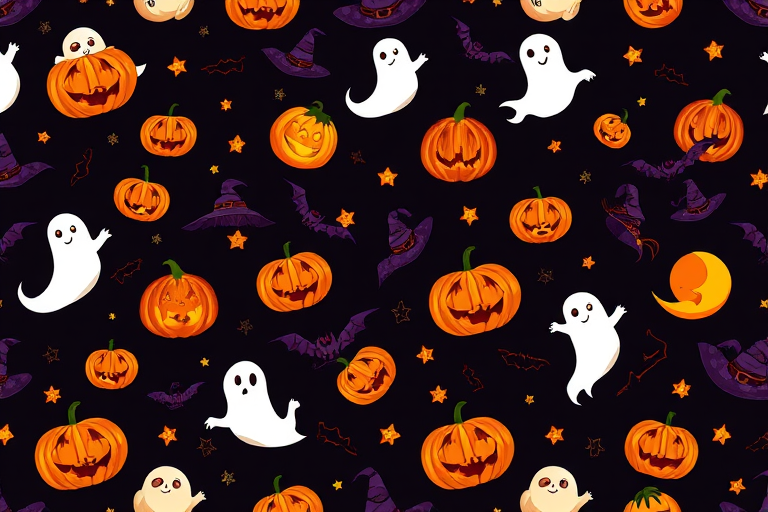 Create a seamless Halloween-themed pattern featuring ghosts, pumpkins, bats, moons, and witch hats against a dark background; capture with a Canon EOS R5, 50mm f/1.8 lens, f/8 aperture, ISO 100, and a slight vignette to enhance depth.