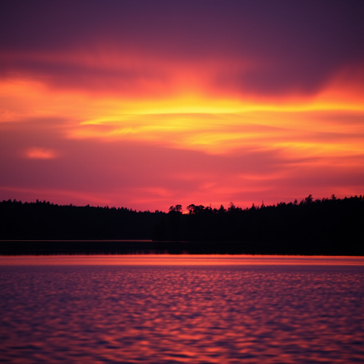 photograph of a serene sunset over a lake with vibrant orange and purple hues in the sky, reflective water with silhouettes of trees on the horizon, taken with a DSLR camera, 50mm lens, f/2.8 aperture, ISO 100, 1/200 sec shutter speed, landscape orientation, soft focus effect to enhance tranquility
