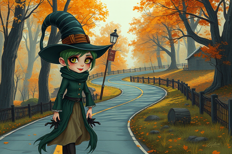 digital art fantasy depicting a strange girl with green hair, long eyelashes, orange lipstick and a tall hat walking along a winding road on an autumn afternoon, an Eel smiles as she passes