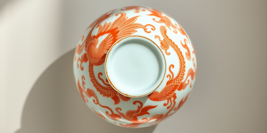 high-resolution image of a Chinese ceramic vase with intricate phoenix and cloud designs, top-down view, soft natural lighting, 50mm lens, f/2.8 aperture, ISO 100, studio backdrop