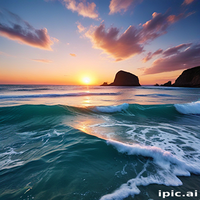 Golden Sunset Over Serene Ocean Waves and Majestic Rocky Coastline