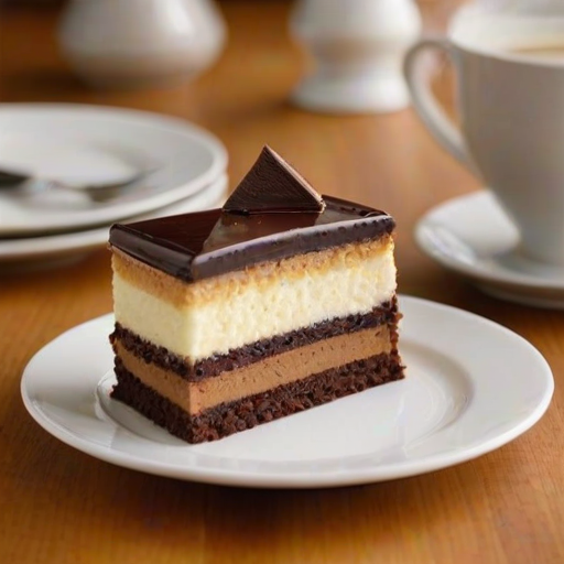 Create an image of a slice of cake that features distinct layers of vanilla and chocolate. The top layer should be a light golden vanilla, the middle a rich chocolate, and the bottom a darker chocolate. Place the slice on a white plate with a simple, elegant design, and include a blurred background of glass jars and kitchenware to give a cozy kitchen atmosphere.