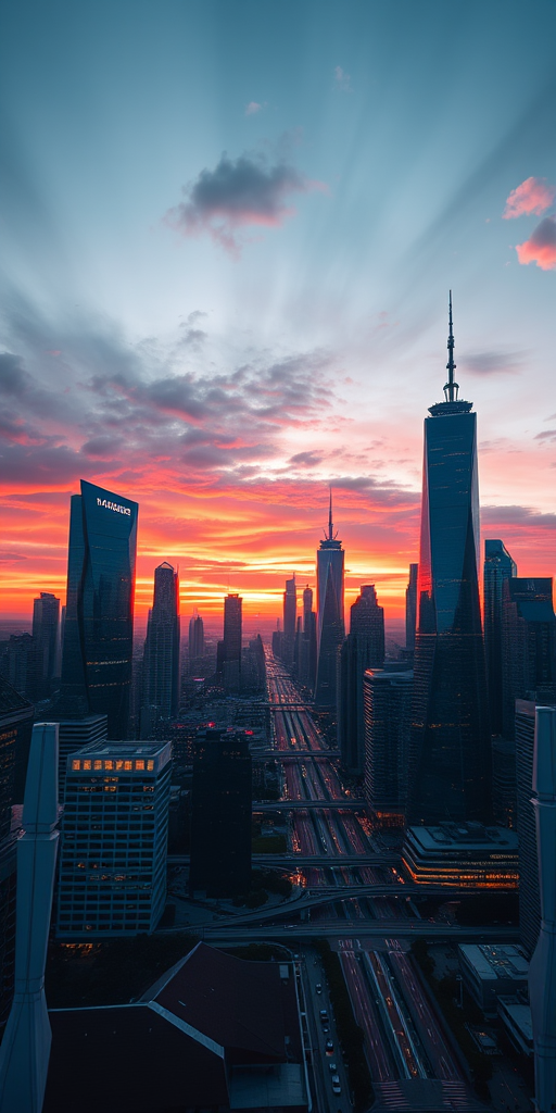 Generate a high-quality image of a futuristic city skyline at sunset with vibrant colors, wide-angle view, ISO 100, aperture f/11, shutter speed 1/200 sec, using a digital SLR camera with a 24mm lens.