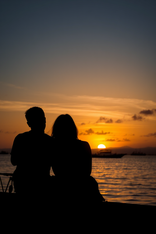Generate a romantic sunset scene with a silhouette of a couple sitting by the water, soft clouds in the sky, boats in the distance, using a DSLR camera with a 50mm lens, aperture f/2.8, ISO 100, and a slight vignette effect for enhanced depth.
