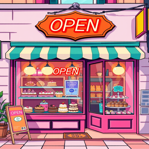 Generate a colorful illustration of a bakery storefront with an "OPEN" sign, showcasing various cakes and pastries in the window, using a vibrant color palette, captured with a wide-angle lens at f/8 aperture, ISO 200, and 24mm focal length for enhanced clarity and detail.