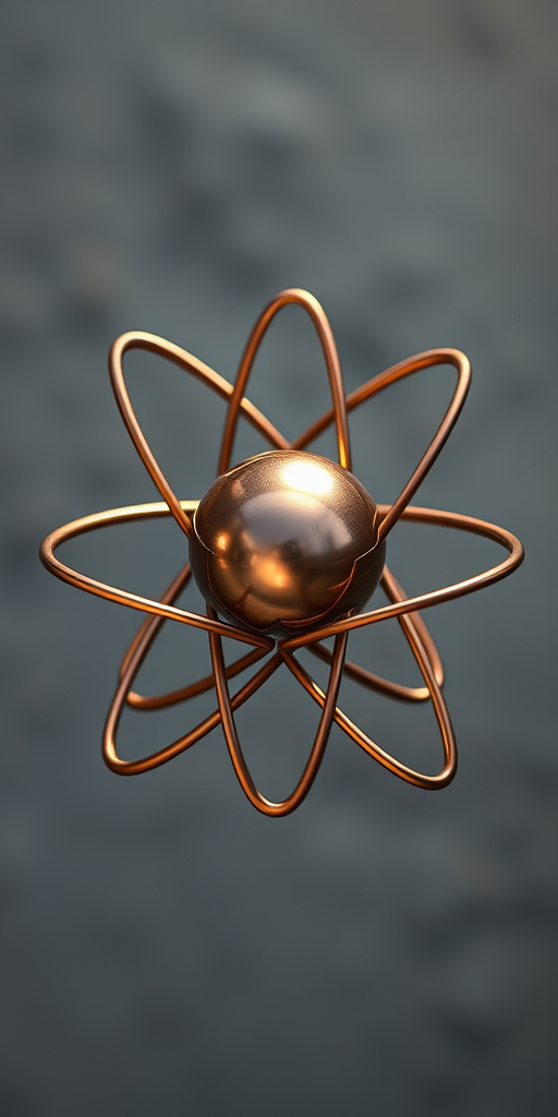 create a high-resolution image of a stylized atom with a central nucleus and orbiting electrons, using a symmetrical design with a metallic bronze finish, captured in a soft-focus for a dramatic effect, using a DSLR camera with a 50mm lens, aperture set to f/1.8, ISO 200, and natural lighting to enhance texture and depth