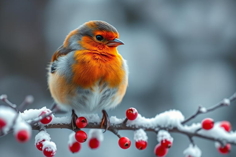 Photorealistic close-up of a plump orange-breasted bird perched on a snowy branch with red berries, soft focus background, natural lighting, ISO 100, f/2.8, shutter speed 1/200s, macro lens, DSLR camera.