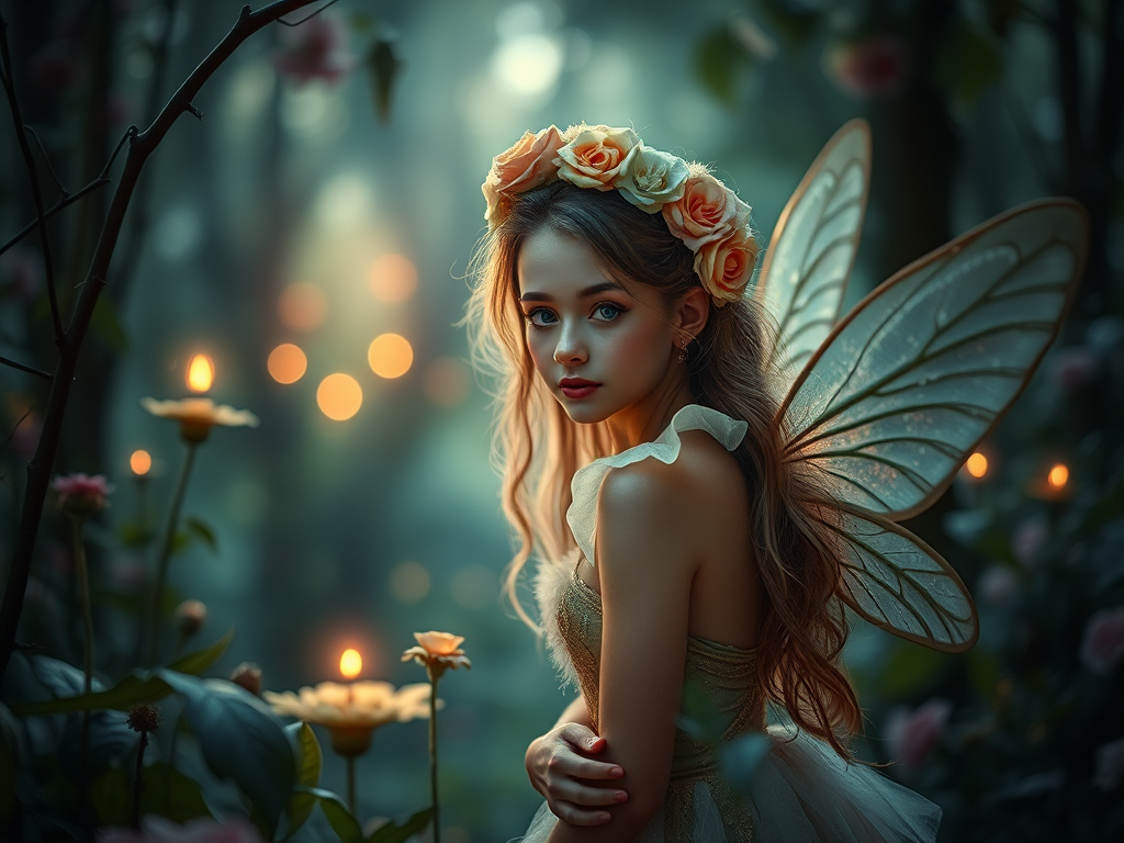 fairy in a mystical forest with floral decorations, ethereal lighting, soft focus, aperture f/1.8, ISO 100, 50mm lens, portrait view, DSLR camera, high dynamic range