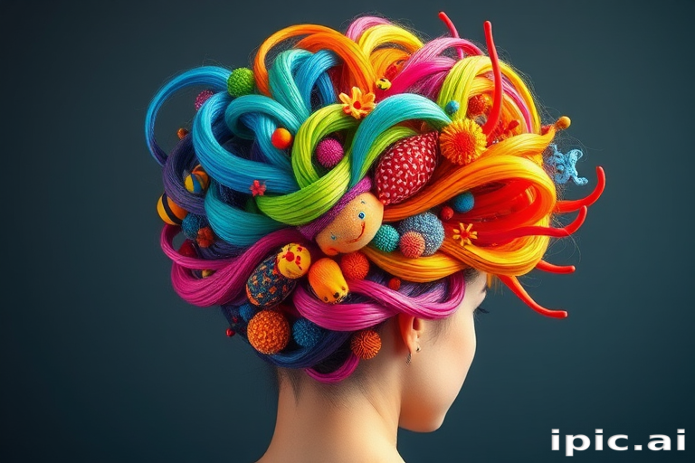 Vivid rainbow hair arranged in a high sculptural updo, resembling a fantastic coral reef teeming with colorful marine life, showcasing an explosion of creativity and artistry.