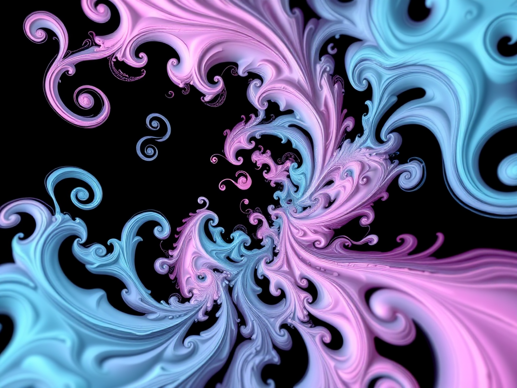 Create a high-resolution abstract fractal image with intricate swirling patterns and soft pastel colors on a black background, shot with a DSLR camera at f/2.8, ISO 100, 1/125s, using a macro lens for fine detail and a low-angle view for dynamic perspective.