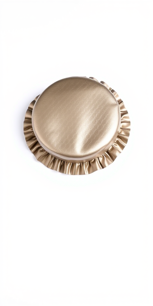 Generate a high-resolution image of a round, metallic cap with a ruffled edge on a simple white background, using a DSLR camera with a 50mm lens, f/2.8 aperture, ISO 100, and soft diffused lighting from the right.
