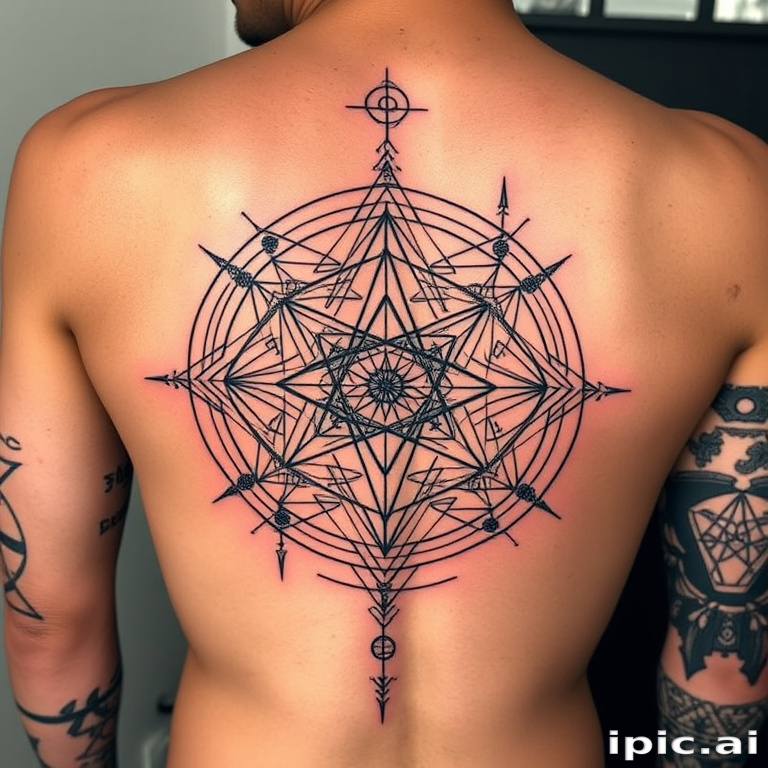 Geometric tattoo entitled "Sacred Symmetry" showcasing a complex arrangement of overlapping shapes and lines that form a harmonious and balanced design, incorporating elements of sacred geometry and ancient symbols to create a visually striking and spiritually meaningful piece, perfect for those who appreciate mathematical precision and hidden symbolism in their body art.