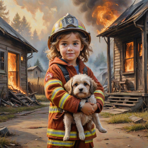 airbrushed oil painting, pixar style, cute little girl in fireman gear, helmet, tousled hair, expressive eyes, standing in the doorstep of a cottage burning behind him, holding a cute little dog in her arm, atumn sky