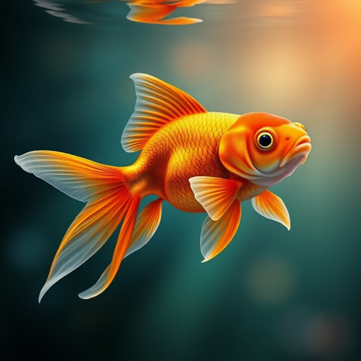 Create a high-resolution digital illustration of an orange goldfish swimming gracefully, using vibrant colors and intricate details, 50mm lens, f/2.8 aperture, ISO 100, soft focus background for depth, with a studio lighting setup, shot from a slight overhead angle to highlight the fish's features.