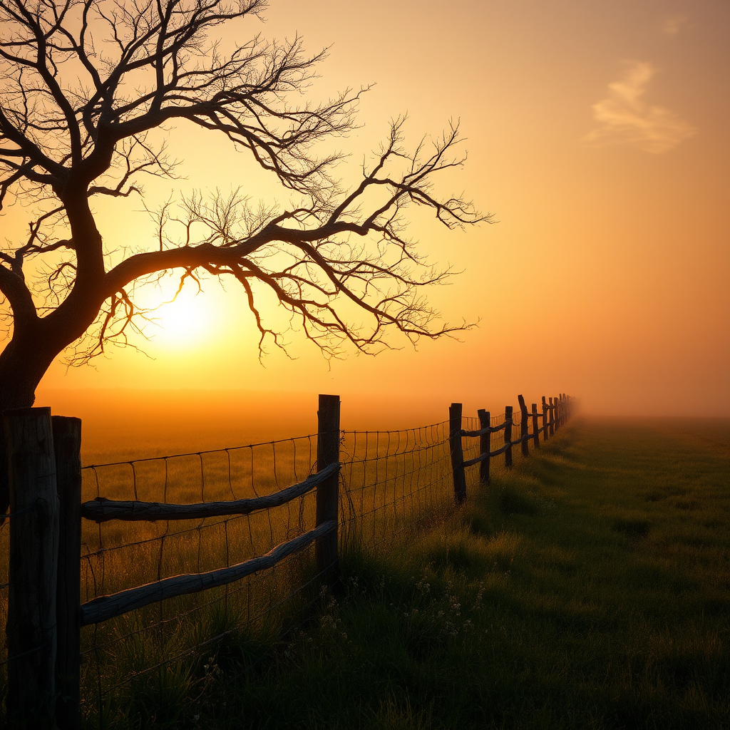 A serene countryside landscape at dawn, with a misty orange glow filling the air. The sun rises behind a large twisted and gnarled bare tree, casting a warm light over the scene. A rustic wooden fence, weathered and overgrown with vines and delicate wildflowers along the fence line, stretches into the distance, dividing a grassy field that fades into the fog. The grass is dew-kissed and shimmering, and there's a touch of mist rising from the ground. The sky gradually fades into darker shades as it reaches higher, enhancing the peaceful, dreamlike dark fantasy atmosphere
