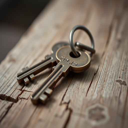 A close-up of a set of vintage keys resting on a rustic wooden surface, captured with a Canon EOS R5 at f/2.8, ISO 100, with a 50mm lens, in natural light, emphasizing texture and detail.