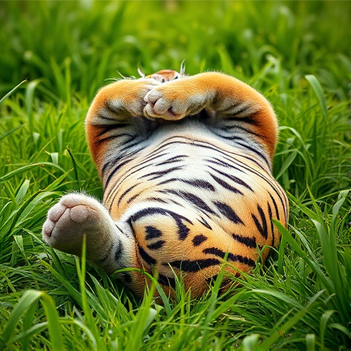 capture a playful tiger rolling on its back in lush green grass, DSLR camera, 85mm lens, f/2.8 aperture, ISO 100, natural lighting, shallow depth of field, vibrant colors