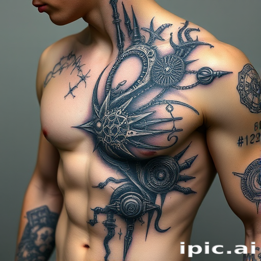 Biomechanical tattoo piece dubbed "Cybernetic Evolution" merging organic forms with mechanical components to create a hyper-realistic design that appears to reveal the inner workings beneath the skin
