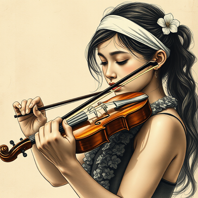 a young Hawaiian woman with a white headband playing a violin, in the style of a charcoal drawing, sepia grunge background