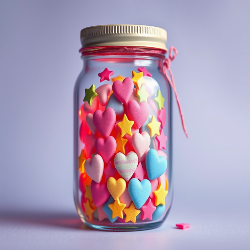 Create a high-quality digital illustration of a jar filled with colorful hearts and stars, using a soft pastel color palette, with a focus on bright, vivid patterns and a playful design, captured using a macro lens at f/2.8, 1/60s shutter speed, and ISO 200, in a studio setup with soft box lighting for enhanced clarity and detail.