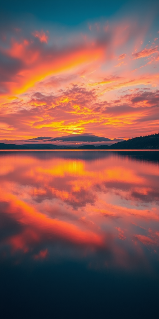 Generate a high-resolution image of a serene sunset over a calm lake reflecting vibrant orange and pink hues in the sky, shot with a Canon EOS R5 at f/8, ISO 100, shutter speed 1/60 sec, wide-angle lens, landscape orientation.
