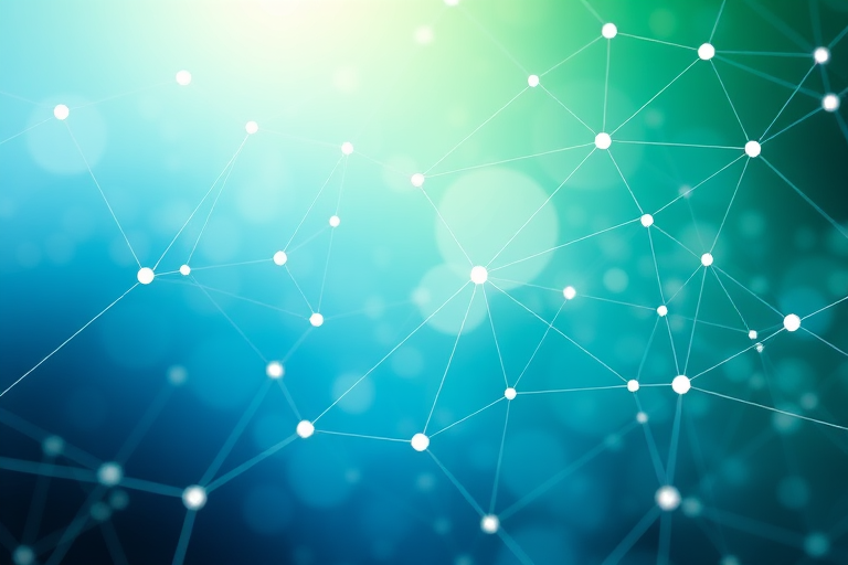 Abstract geometric network design featuring interconnected lines and dots with a gradient background transitioning from blue to green, captured with a DSLR camera at f/8 aperture, ISO 100, 1/250s shutter speed, wide-angle view, soft focus style for enhanced depth and clarity.