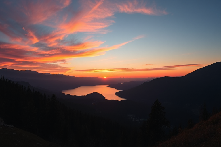 Generate a high-resolution image of a tranquil sunset over a mountain lake, captured with a DSLR camera at f/8 aperture, ISO 100, 1/250 sec shutter speed, in landscape orientation, using a wide-angle lens to enhance depth and detail.