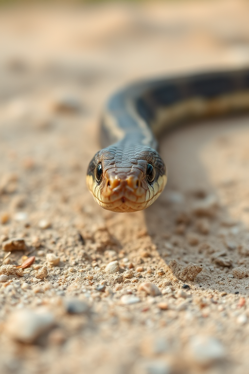 Close-up of a snake on sandy terrain, natural daylight, 50mm lens, aperture f/8, ISO 100, shallow depth of field, DSLR camera.