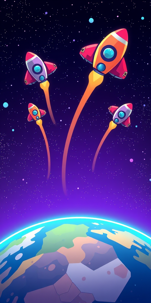 Create a colorful illustration of cartoon-style spaceships flying above a vibrant Earth during nighttime, with a starry sky background, using a digital camera, with a wide-angle lens, an f-stop of 8, and a focus on bright, contrasting colors to enhance image clarity and depth.
