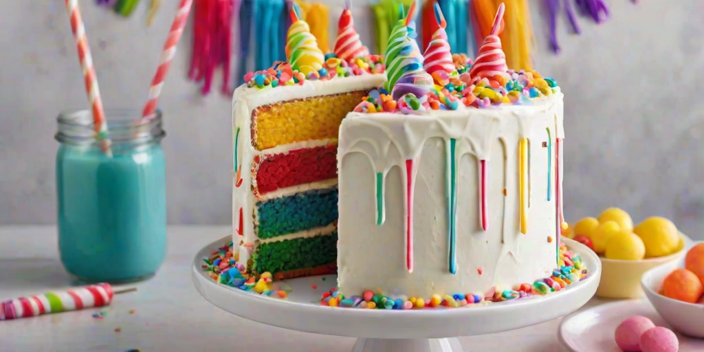 Create a vibrant, colorful cake with a smooth white frosting and dripping rainbow icing. Top it with various candy decorations, including spiral lollipops and colorful candy sticks. Surround the base with a sprinkle of rainbow confetti for an extra festive touch.