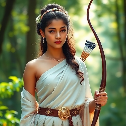 Create a portrait of a goddess-like Nepali girl figure in a tranquil, forested environment. She has an elegant appearance with long, wavy hair styled in an updo and adorned with a delicate, floral headband. She wears a flowing, ancient Greek-inspired gown in a soft, pale color, featuring a one-shoulder design and draped fabric that accentuates her graceful form. The outfit includes a decorative belt with ornate gold detailing, and she holds a bow in her hand, with a quiver of arrows slung over her shoulder. The background depicts lush greenery, with sunlight filtering through the trees, casting a gentle, ethereal light on the scene. Her expression is calm and contemplative, embodying a sense of wisdom and serenity.