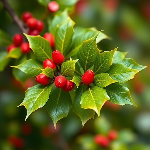 create a high-resolution illustration of a holly branch with bright green leaves and red berries, use a DSLR camera with a 50mm lens, aperture f/2.8, ISO 100, natural light, shallow depth of field, vibrant colors, and soft focus background to enhance image quality