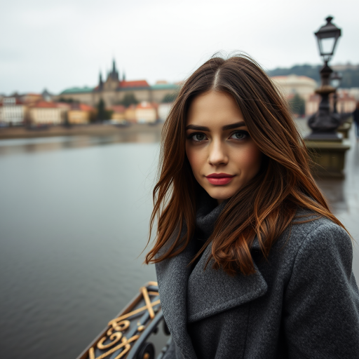 cinematic photo from above, waist up shot, sharp focus, a beautiful woman in foreground, in Prague, at the Charles Bridge, river in background, overcast rainy day, wearing long grey wool coat, warm rich color palette