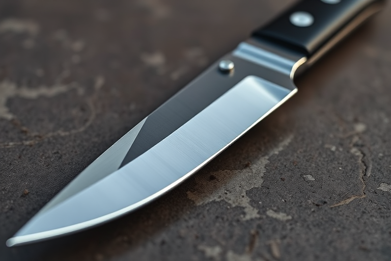 A highly detailed and realistic rendering of a knife with a sleek design, focused on the blade's reflective surface, using a 50mm lens, f/2.8 aperture, 1/200 sec shutter speed, shot from a slight overhead angle in natural light.