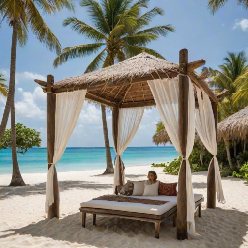 Create a picturesque tropical beach scene featuring a serene, white sandy shore. In the foreground, there's a rustic wooden canopy with white drapes gently flowing in the breeze. Underneath the canopy, a table is set with tropical decor, evoking a sense of relaxation and leisure. The beach extends into a calm, shallow water area with reflections of the sky and surroundings. Palm trees and lush greenery line the edge of the beach, providing a natural, tropical backdrop. The sky is clear with a few scattered clouds, and the overall atmosphere is tranquil and inviting, perfect for a peaceful retreat.
