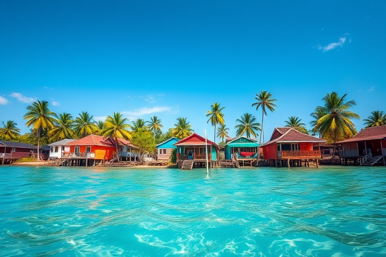 vibrant coastal village with colorful stilt houses under a bright blue sky, palm trees swaying, clear turquoise water in the foreground, shot with a Canon EOS R5, 35mm lens, f/8 aperture, ISO 100, natural light, high dynamic range imaging, wide-angle view