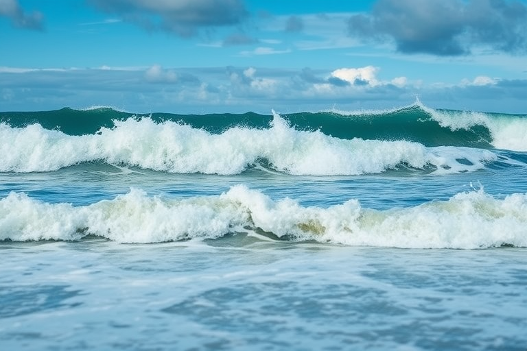 Capture a dramatic seascape with rolling waves crashing onto the shore, using a Canon EOS 5D Mark IV, 24mm lens, f/8 aperture, ISO 100, 1/200s shutter speed, shot at eye level, in natural light to enhance color and clarity.