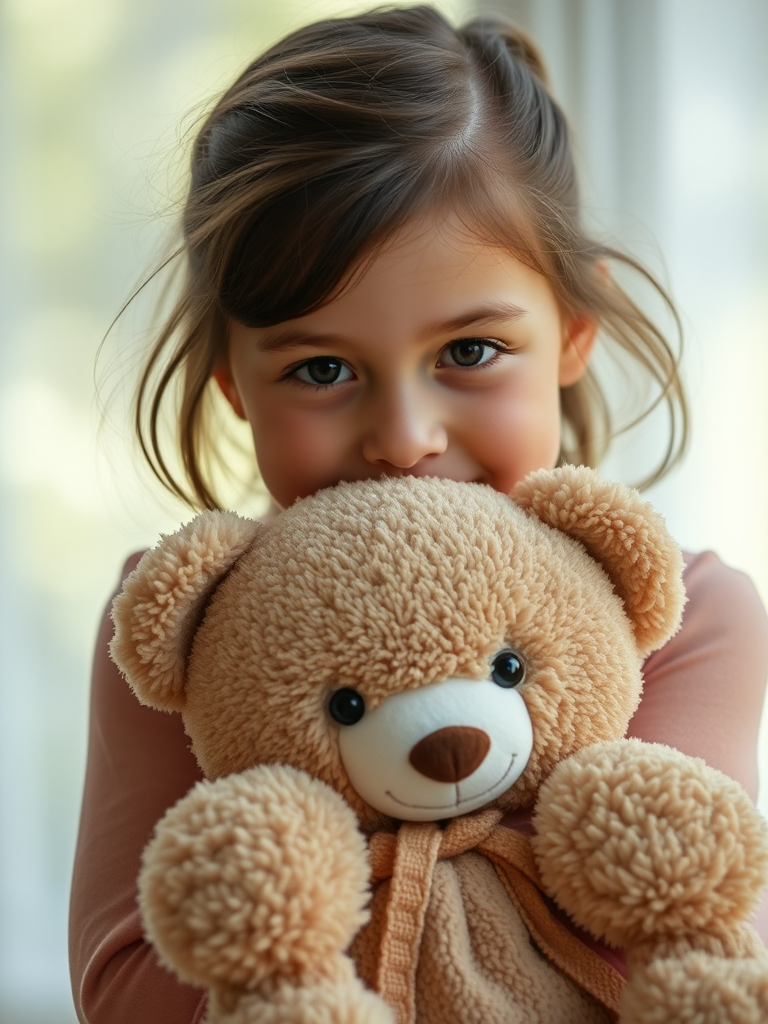 capture a portrait of a young girl hugging a teddy bear, soft natural light, bokeh background, aperture f/1.8, shutter speed 1/200s, ISO 100, portrait lens on DSLR