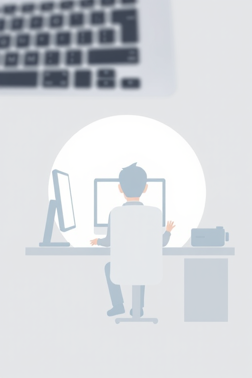 Create a high-resolution digital illustration of a minimalist icon showing a person sitting at a computer desk, with a keyboard in the background, using a Canon EOS R5 camera at f/8 aperture, 50mm lens, ISO 100, 1/125s shutter speed, in a soft-focus style to enhance depth and clarity.
