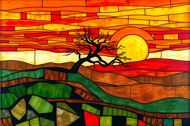 A vibrant abstract painting on Tiffany Glass, blending acrylic and alcohol ink techniques, captures a dramatic sunset over rolling hills. The artwork features a textured, rocky foreground in green and brown, layered abstract hills, and a striking sunset in rich oranges, yellows, and reds. A solitary black tree with intricate branches contrasts against the fiery sky, creating a dynamic and expressive portrayal of a breathtaking natural scene.