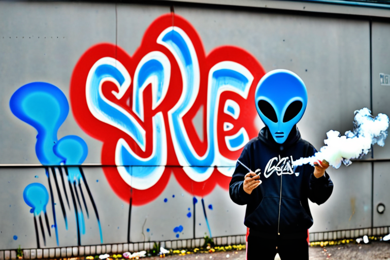 alien holdind a graffiti can blowing smoke cloud with the word spelled out in the smoke