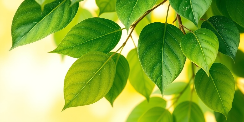 Create a high-resolution abstract watercolor image of green leaves with a soft yellow background, using a DSLR camera at f/4 aperture, 50mm lens, 1/125 shutter speed, and natural lighting for enhanced vibrancy and depth.