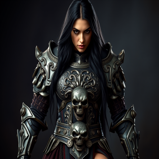 Create a photo of a fierce Afghan female warrior with long black hair, wearing an ornate, metallic armor. The armor includes a breastplate with intricate designs, shoulder guards, and gauntlets. The breastplate is decorated with a central emblem, possibly representing a mythical symbol, and has a sculpted, form-fitting design. She wears a belt with a large skull ornament at the center, and her armor extends into a partial skirt, revealing one leg. The overall look is both protective and stylish, with a dark, gothic aesthetic. The background is dimly lit, suggesting a medieval or fantasy setting, enhancing the warrior's imposing presence and intense expression.