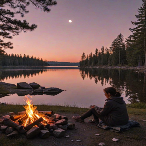 Quiet lakeside campsite at dusk, a woman sits by a crackling campfire, roasting marshmallows, as the sun sets behind the treeline, turning the sky a soft pink.