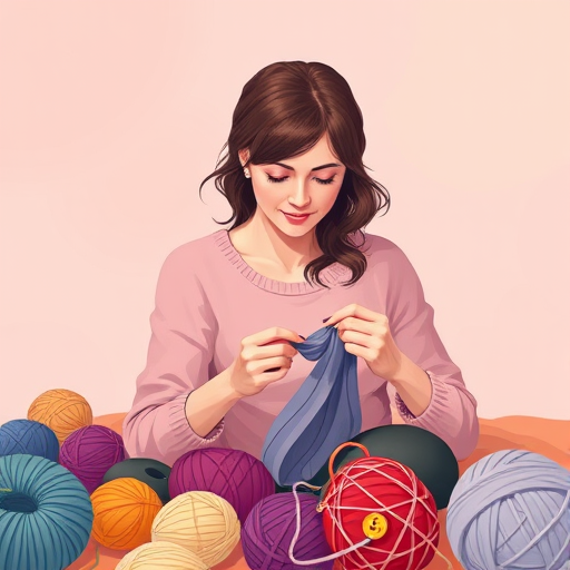 Create an illustration of a woman knitting, surrounded by colorful balls of yarn and buttons, with a soft pastel background, using a digital art style with vibrant colors and smooth lines, mimicking a 50mm lens with a shallow depth of field for emphasis on the subject.